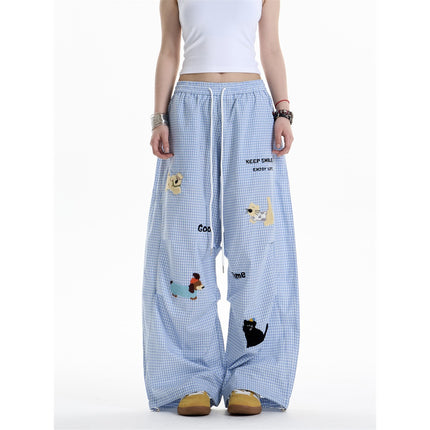 Fun Towel Embroidered Puppy Plaid Casual Pants for Women in Autumn, Lazy Style, Loose Slimming Straight Drape Walking Pants