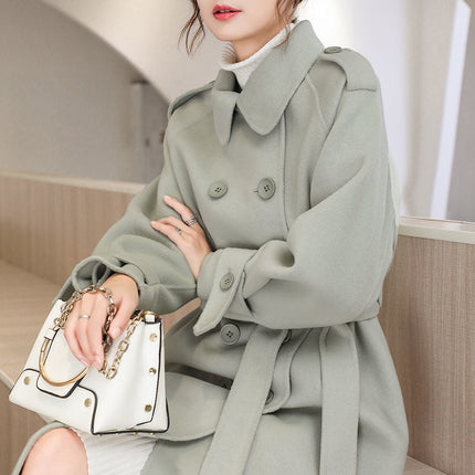 Woolen Coat Mid-length Woolen Coat Autumn and Winter New Hepburn Style Over-the-Knee Straight Elegant Women's Clothing