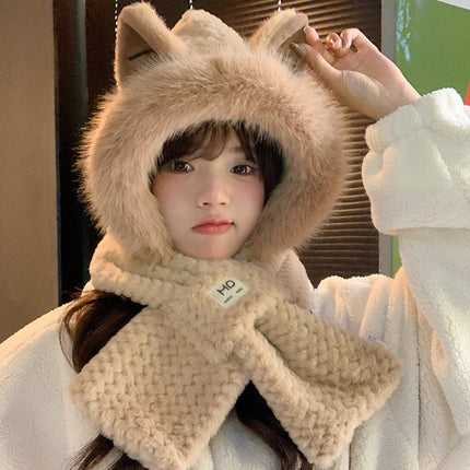Plush Bear Hat Children's Winter Scarf One-piece Warm fleece-lined Neck Cute Cold-proof Winter Ear Protection Three-piece Set