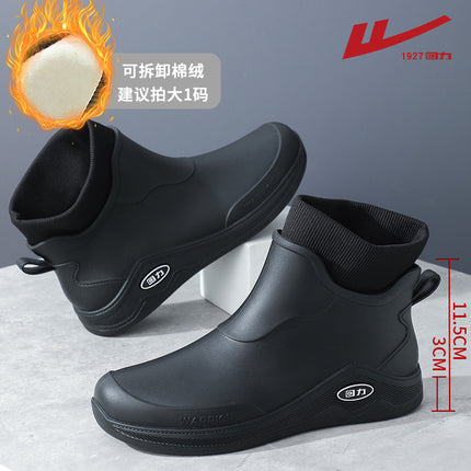 Pull Back New Fashion Men's Rain Boots Short-Tube Rubber Shoes Water Shoes Non-Slip Wear-Resistant Car Wash Work Waterproof Shoes Warm Winter