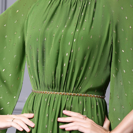 Zhili Green Mature Feminine Style Waist-Cinching Dress with Beading and Flared Sleeves, New for Spring 2026