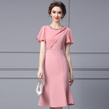 Zhili French-Style Dress 2026 New Model for Tall Women, Summer Pink Ruffle Sleeves, Rhinestone Embellished, Slim Fit Mermaid Dress