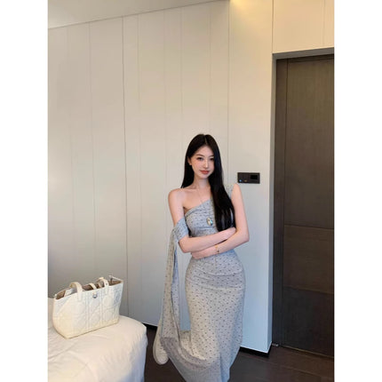 Irregular Grey Wave Dot Inclined Shoulder dress Women's Summer Pure Desire Waist Fishtail Skirt Figure Hip Dress