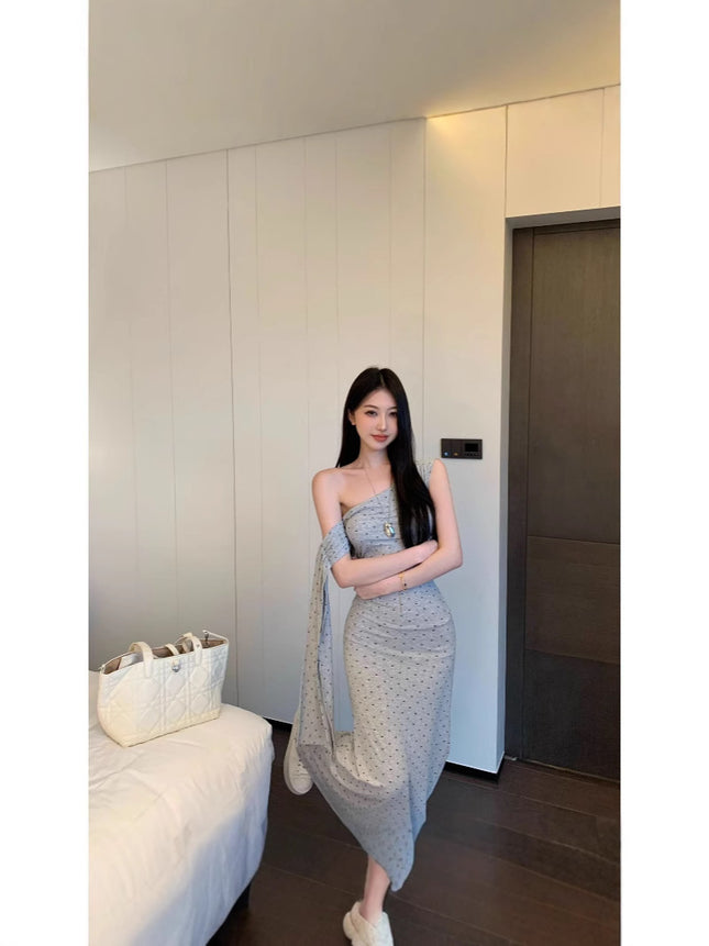 Irregular Grey Wave Dot Inclined Shoulder dress Women's Summer Pure Desire Waist Fishtail Skirt Figure Hip Dress