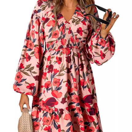 2025 Bohemian Floral V-Neck Long Sleeve Pleated Waist Casual A- Line Skirt with Swing Mini dress
