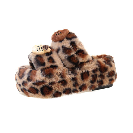 Leopard Print Thick-Soled One-Word Furry Slippers for Women's Outer Wear 2025 New Spring, Autumn and Winter Indoor Home Popular Cotton Slippers