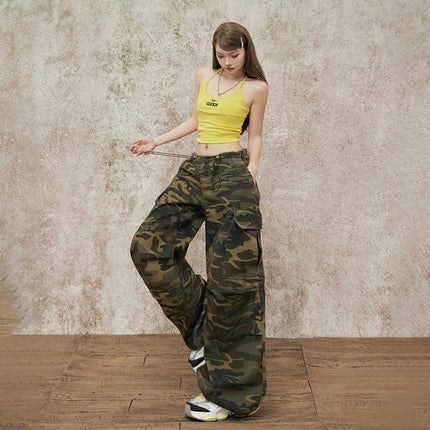 American Retro Camouflage Drawstring Design Low-Waist Cargo Pants for Women Summer New Loose Slimming Leggings Casual Pants for Women