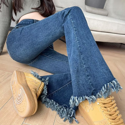 High-Waisted Frayed Flared Jeans for Women, Spring and Autumn Vintage Slim-Fit Stretchy Floor-Length Slimming Casual Versatile Pants