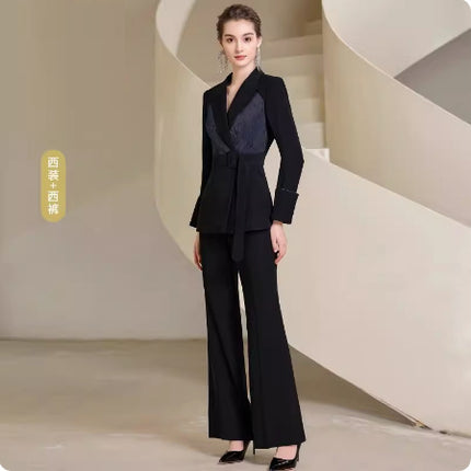 Spring and Autumn Fashion High-end Sense Satin Stitching Black Business Dress Elegant Goddess Fan Micro-pants Suit suit OL