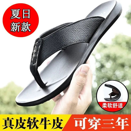 New first-layer leather flip-flops trendy men's shoes summer casual deodorant outdoor men's sandals and slippers a generation of hair