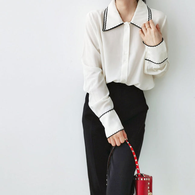 Special Offer: Commuter Ol Double-Layer Color-Block Embroidered Collar Long-Sleeve Silk Shirt for Women, Beige Vintage Washed Mulberry Silk Blouse