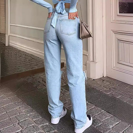 Amazon Summer New European and American Cross-border E-commerce Women's Ripped Jeans Women's High Waist Straight Casual Pants light blue