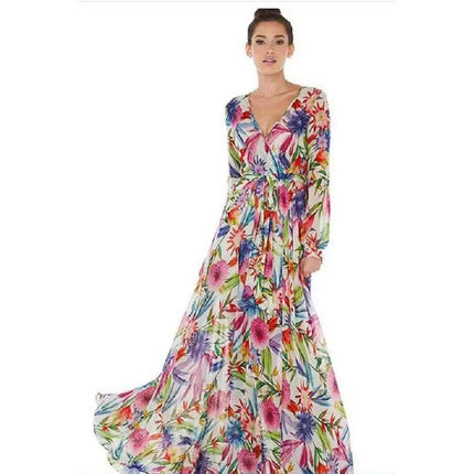 2025 Cross-Border Summer New Amazon European and American Lantern Sleeve Sexy Deep V Print Dress Green Leaf Long Skirt