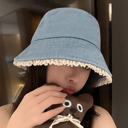 Cute Fisherman Hat Lace Denim Sunscreen Basin Hat Sense Sunshade College Style Face Small Bucket Hat Women