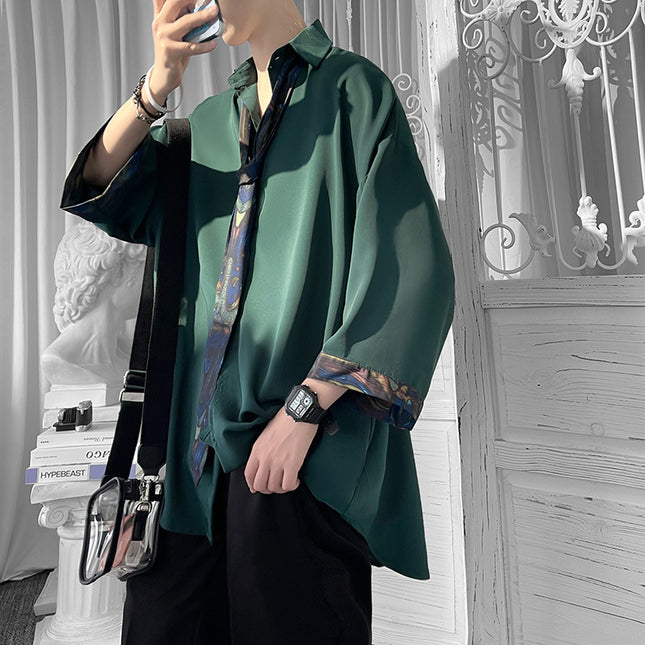 Dark Green Three-Quarter Sleeve Shirt for Men, Summer Niche Stylish Short-Sleeve Shirt, Dk Tie Uniform, Jk Hong Kong Style Floral