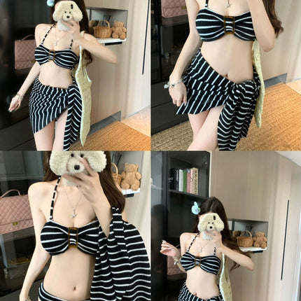 Source Manufacturer's Same Style Black Striped Sexy Tube Top Bikini Three-Piece Swimsuit for Hot Spring Vacation Summer
