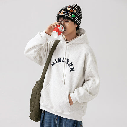Autumn and winter American retro fleece-lined thickened hooded bathroom letter embroidered loose all-match casual niche long-sleeved top