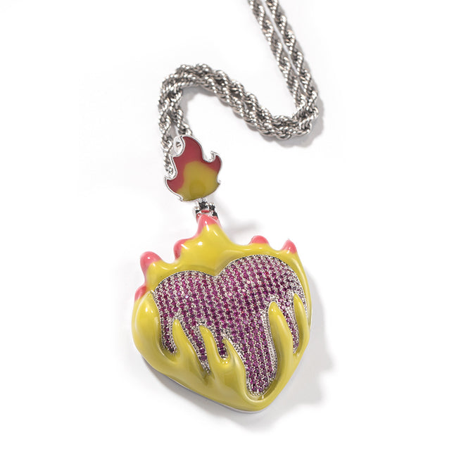 European and American Hip Hop Oil Dropping Love Sweater Necklace Oil Dropping Luminous Ice and Fire Heart-shaped Fashion Didi Bouncer Pendant Necklace