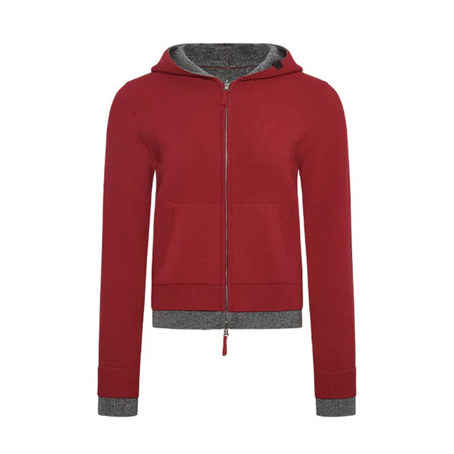 Autumn New Product Fashionable Simple Contrasting Color Reversible Wool Hooded Knitted Cardigan Design Slim Fit Jacket