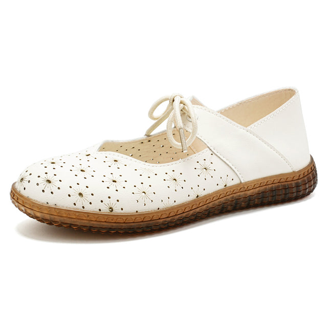 Croc Shoes, Middle-Aged Mother's Shoes, Soft-Soled Women's Velcro Women's Shoes, Shallow Tendon Soles, Hollow Flat Sandals, Leather Shoes