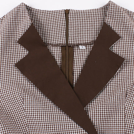 2024 Cross-Border Retro Cotton Dress for Women European and American Hepburn Style Plaid Splicing Coffee Three-Quarter Sleeve Large Hem Skirt