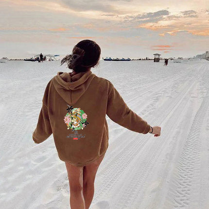 Foreign Trade Women's Velvet Sweatshirt Cartoon Cat Print Kangaroo Pocket Drawstring Print Hoodie