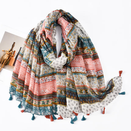 Fresh and Elegant Red Petal Mixed Printed Tassel Gauze Women's Cotton and Linen Scarf Travel Decorative Shawl