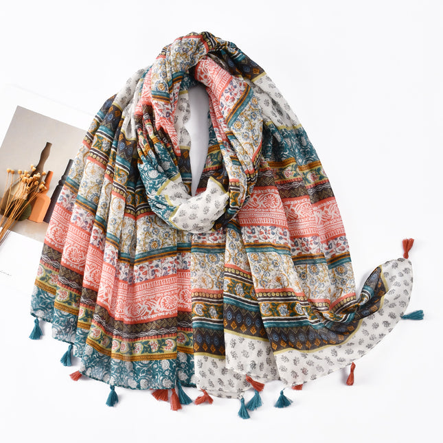 Ethnic Style Striped Floral Bali Gauze Long Scarf Versatile Fashion Travel Vacation Scarf Spring and Summer Sun Protection Beach Towel