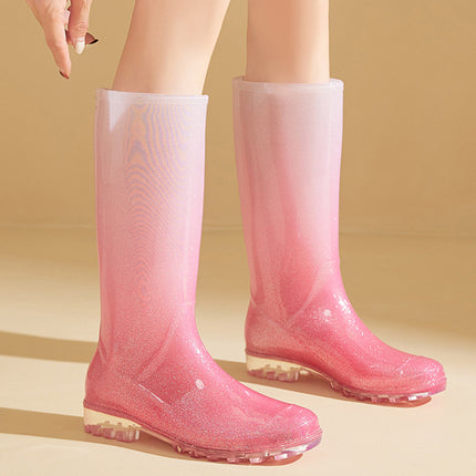 Cross-border new version of rain boots fashion gradient high-level rain boots women's winter fleece-lined warm camping to the sea pastoral