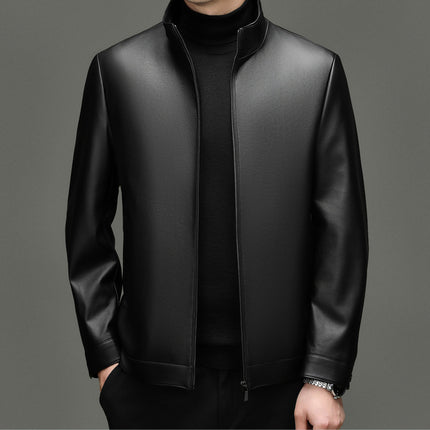 Men's Stand-Up Collar Leather Jacket Autumn and Winter Removable Liner Warm and Stylish Zipper Jacket Trendy Tops for Young and Middle-Aged People