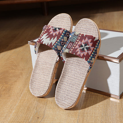 Four Seasons Home Linen Slippers Fashion Printed Thick Sole Non-Slip Sweat-Absorbent Wear-Resistant Large Sole Couple Linen Slippers Ethnic Style