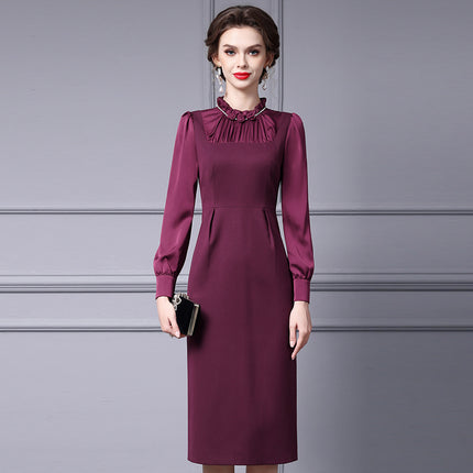 Zhili Spring Collection Women's Long Sleeve High-End Wine Red Floral Slim Fit Dress 2026 New Model