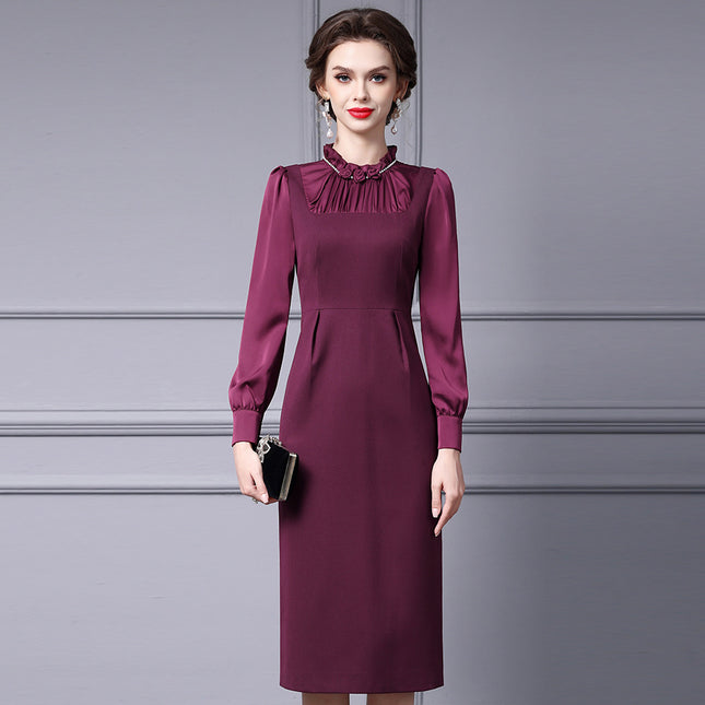 Zhili Spring Collection Women's Long Sleeve High-End Wine Red Floral Slim Fit Dress 2026 New Model