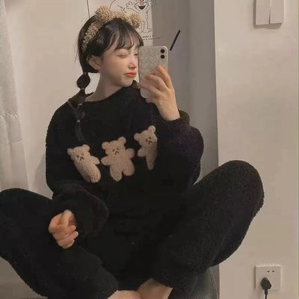 2024 New Autumn and Winter Coral Velvet Cartoon Stripesd Women's Pajamas Thickeneded and Wearable Home Wear Set