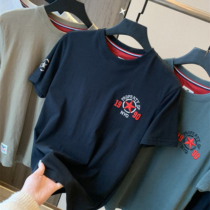 Us Orders! Brushed Long-Staple Cotton! Summer Men's Versatile Casual Short-Sleeve T-Shirt with Five-Pointed Star Embroidery, Breathable
