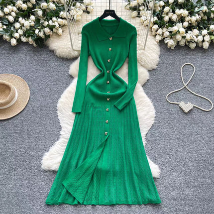 Cross-Border Fast Selling Elegant Slim-Fit Polo Collar Women's Dress 2026 New Style Knitted Long Dress