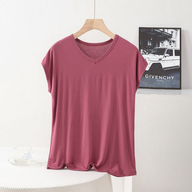 Cross-border New plus size Plus Fat V-neck Small Sleeve Summer Modal Elastic Base Shirt Loose Casual Simple T-shirt