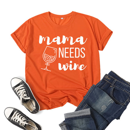Wholesale Cross Border Mama Needs Wine Printed Short Sleeve T-Shirt Top Women Summer Loose