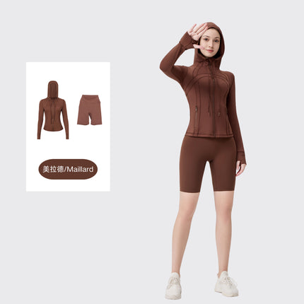 [in Stock] Ld Five-Piece Hooded Yoga Suit for Women, Fitness Yoga Set, High-Waisted, Barely-There Feel, Tight-Fitting Sportswear