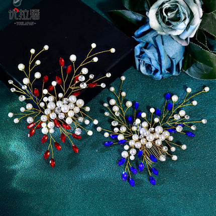 Youlapan European and American Cross-Border Pearl Hair Comb Red Rhinestone Hair Accessory Hairpin Comb Ancient Style Birthday Gift Hp851