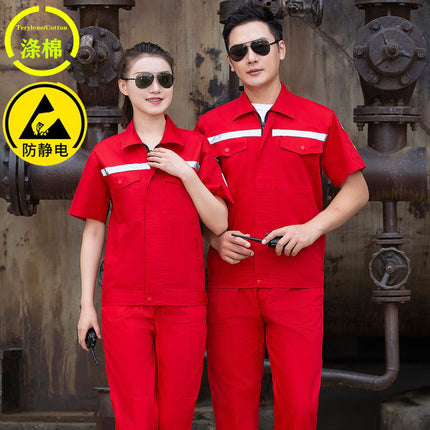 Summer thin anti-static overalls suit men's and women's long short sleeve gas station filling station gas petrochemical electricsuit