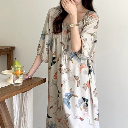 Mishiti Cotton Silk New Chinese Style Short-Sleeved Nightgown for Women, Summer Thin Style, National Style Cotton Silk Home Wear, Can Be Worn Outside