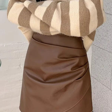 Black Small Leather Skirt Women's Autumn and Winter New Arrival chubby girl High Waist Pleated Skirt Anti-Light Puleather Hip A- Line Skirt