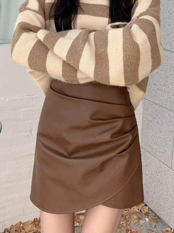Black Small Leather Skirt Women's Autumn and Winter New Arrival chubby girl High Waist Pleated Skirt Anti-Light Puleather Hip A- Line Skirt