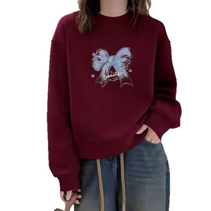 wine red New Year Sweat Women's 2025 New Autumn and Winter All-match Loose High-end fleece-lined Long-sleeved Spring Thin Top