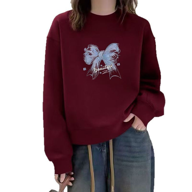 wine red New Year Sweat Women's 2025 New Autumn and Winter All-match Loose High-end fleece-lined Long-sleeved Spring Thin Top