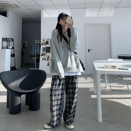 Women's plus size Pants chubby girl Spring and Summer Thin Plaid Pants Korean Style Loose High Waist Slimming Wide Leg Pants for Female Students