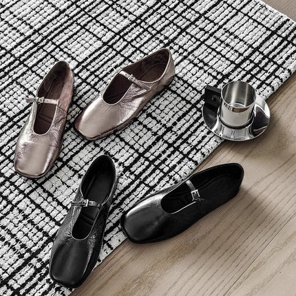 Mary Jane Flats Shoes for Women, Square Toe Light Mirror Shoes, Cow Leather Pleated Texture Square Toe French Literary Granny Shoes