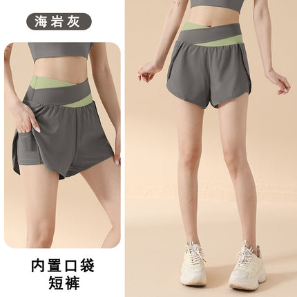 2026 Fake Two-Piece High-Waisted Hip-Lifting Sports Shorts for Women, Anti-Exposure Side Pockets, Loose Fit for Running, Fitness, and Yoga