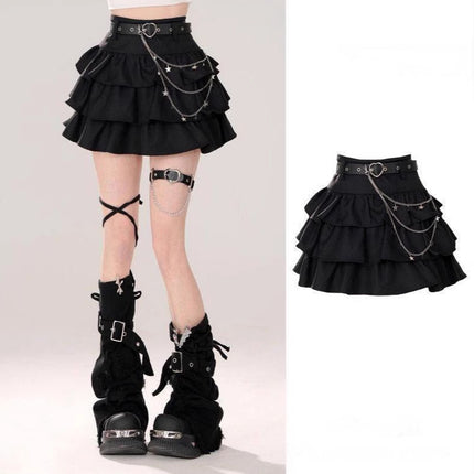 Y2k Spice Girls Black Puff Cake Skirt Women's Autumn Sweet Cool Skirt High Waist Love Belt Denim Leg Set Skirt